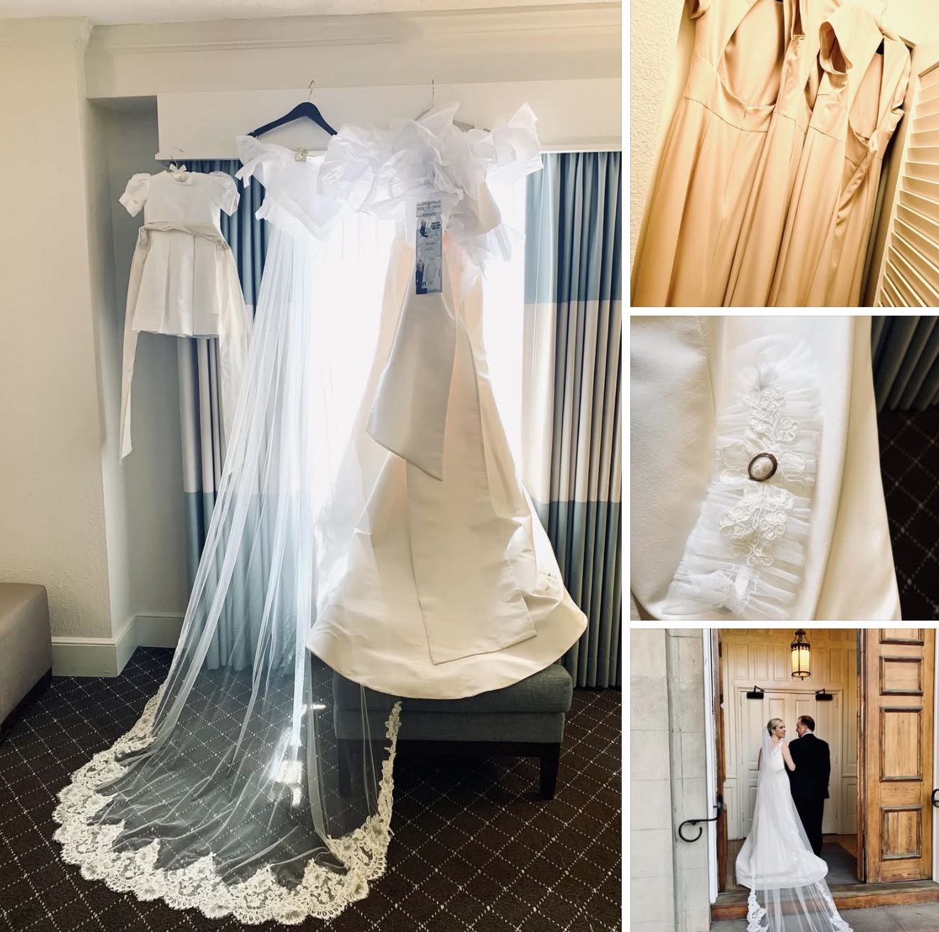 Details from a wedding morning, including the gown, veil, and first look